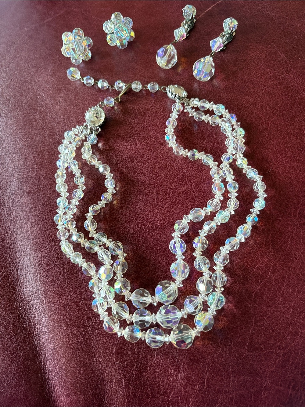 Estate Sale! Vintage Aurora Borealis Faceted Crystal Necklace and Earrings Set